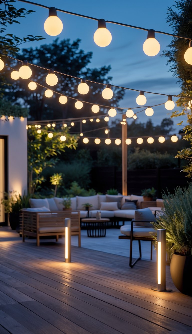 Outdoor patio at dusk with string lights overhead and bollard lights along the perimeter, featuring seating and plants.