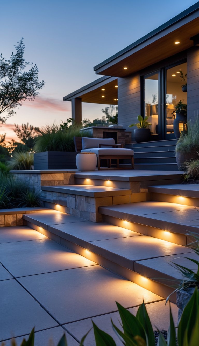 Outdoor multi-level patio with illuminated recessed step lights and modern furniture at sunset.