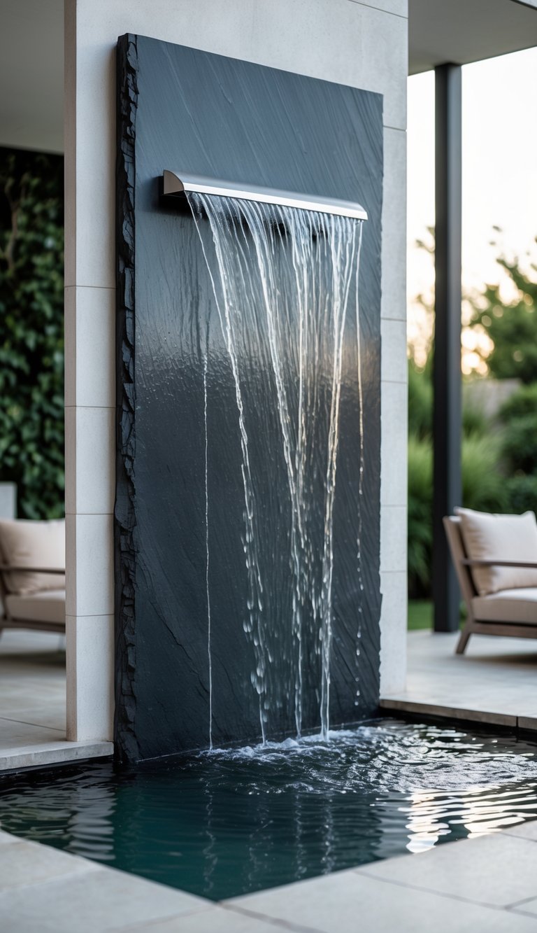 Outdoor patio with a polished slate water wall fountain and modern furniture surrounded by plants.