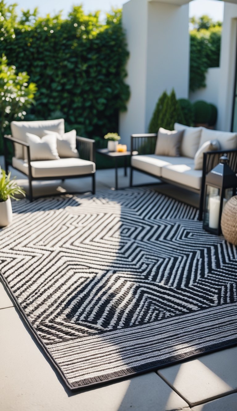 An outdoor patio with a geometric black and white rug, modern furniture, and green plants in natural sunlight.
