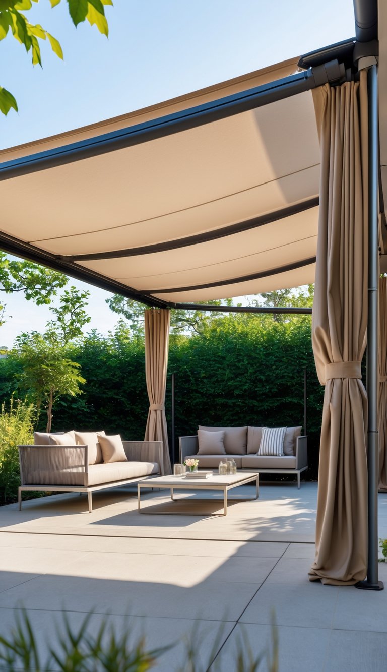 Outdoor patio with a neutral retractable fabric canopy and side curtains over modern seating surrounded by plants on a sunny day.