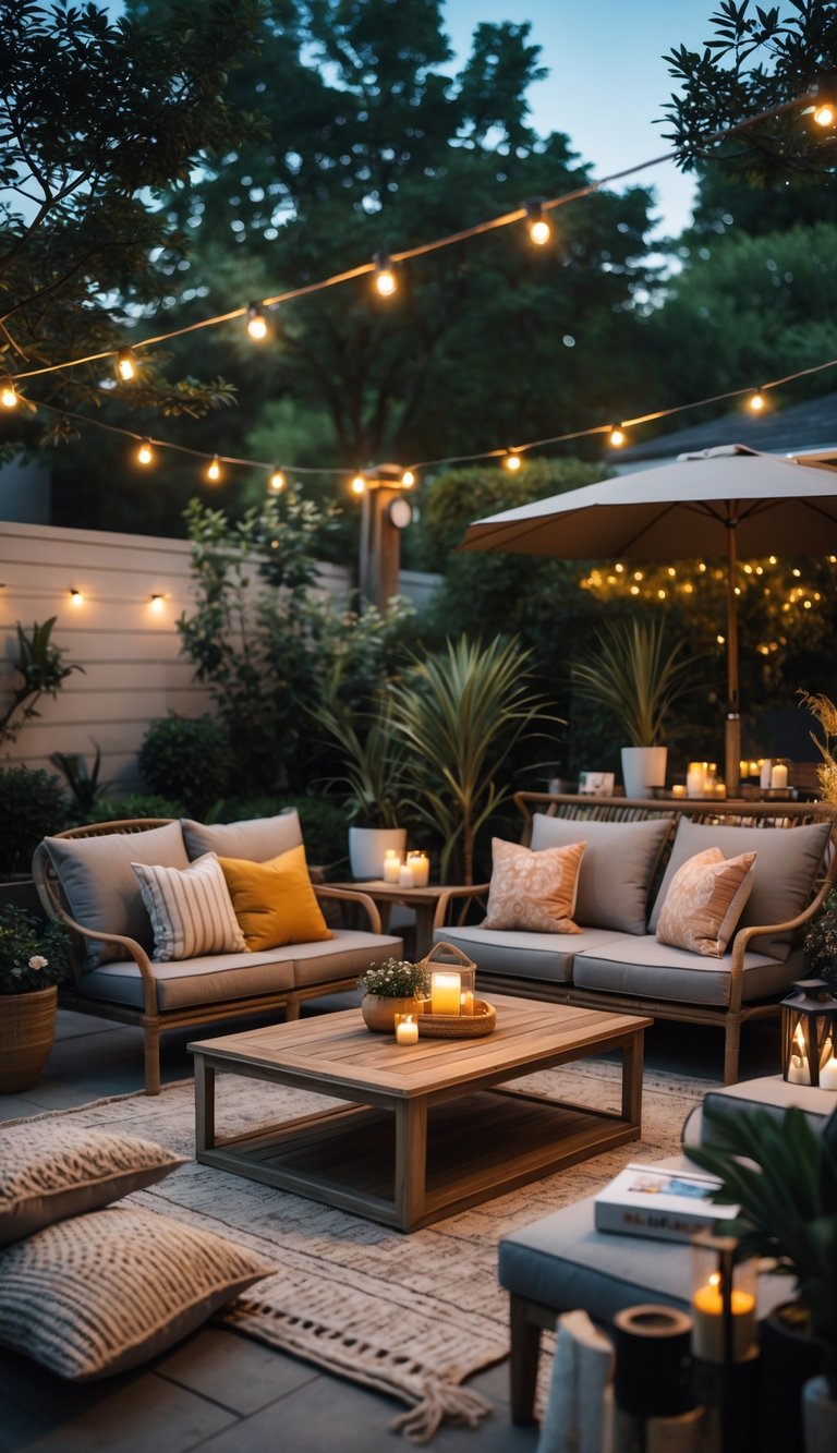 Outdoor patio with comfortable seating, cushions, plants, and warm lighting creating a cozy and inviting space.