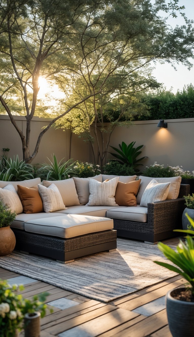 Outdoor patio with a large sectional sofa featuring deep cushions and pillows, surrounded by plants and soft sunlight.