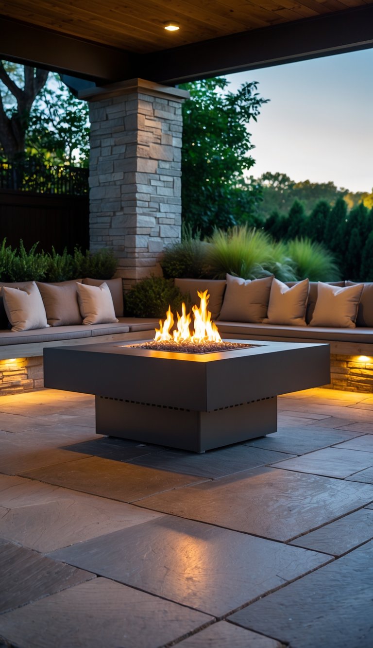 Outdoor patio with a recessed gas fire pit surrounded by built-in bench seating and cushions, with plants and stone flooring.