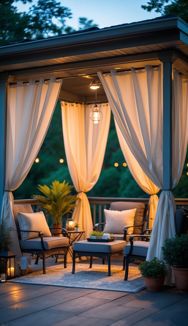 Outdoor patio with weatherproof curtains framing the space, comfortable seating, and greenery in the background.