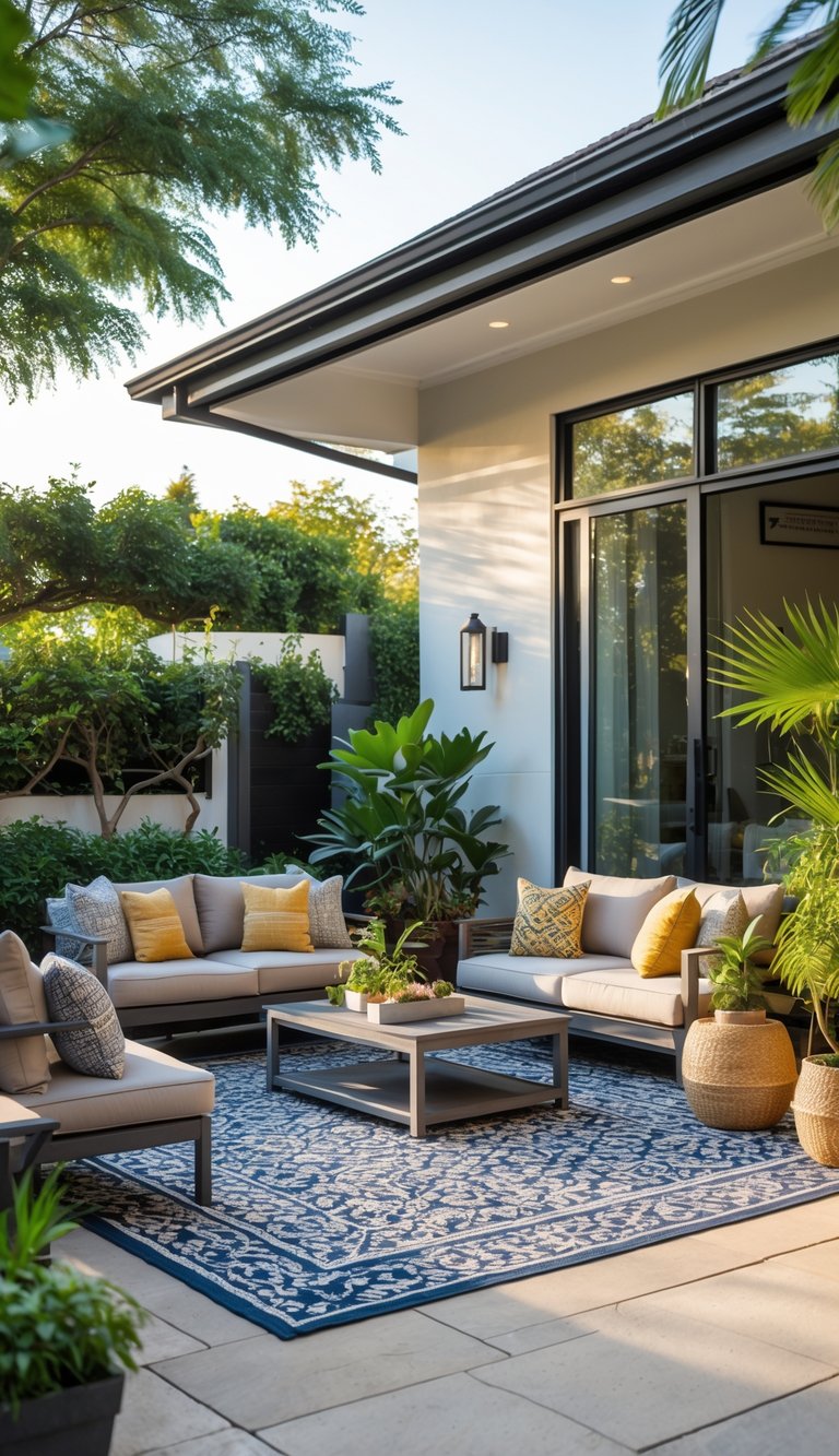 Outdoor patio with a large area rug, cushioned seating, coffee table, and surrounding plants creating a comfortable living space.