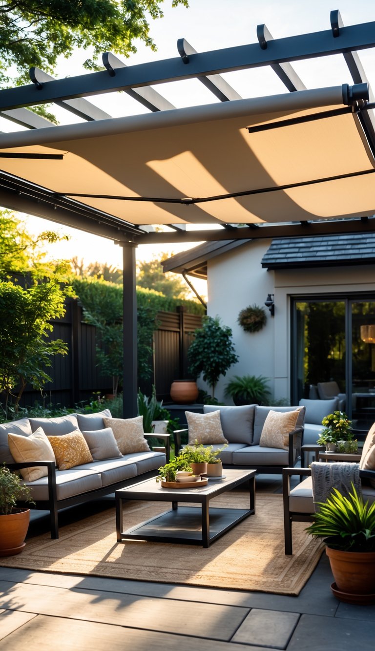 Outdoor patio with a pergola and retractable canopy shading comfortable seating and plants.