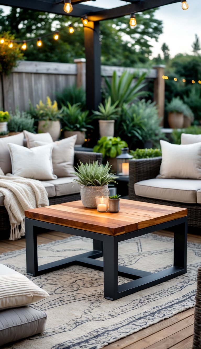 Outdoor patio with a wooden and metal coffee table surrounded by cushioned seating and plants.