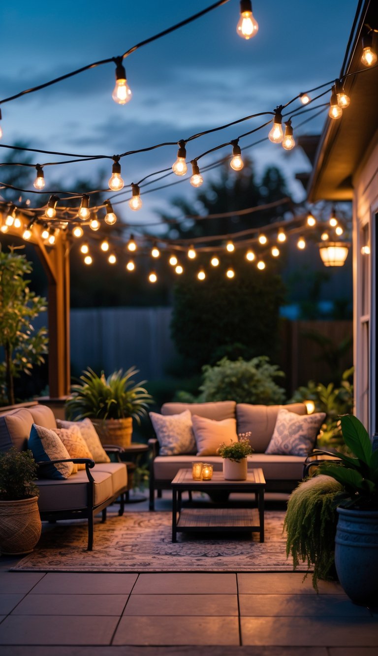 Cozy outdoor patio at evening with warm string lights overhead, comfortable seating, and plants.