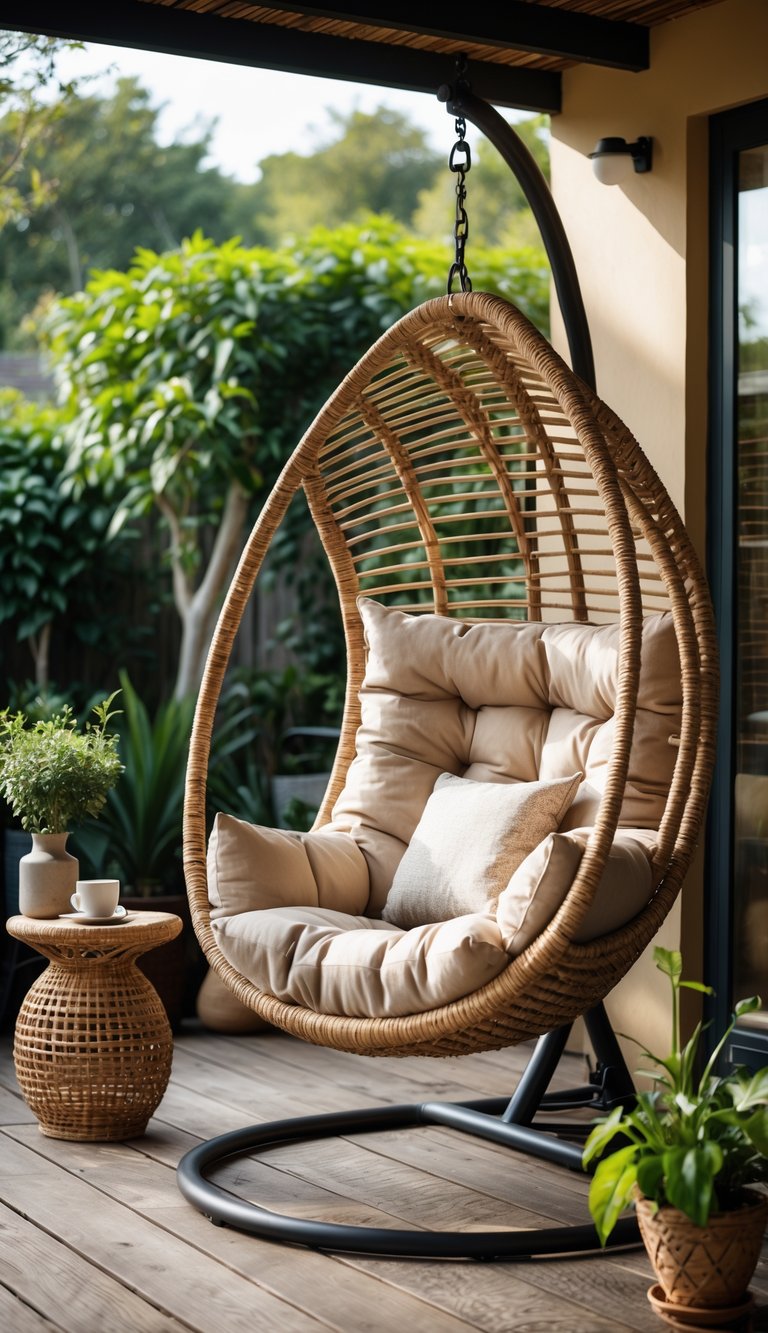 Outdoor patio with a hanging rattan egg chair filled with cushions surrounded by plants.
