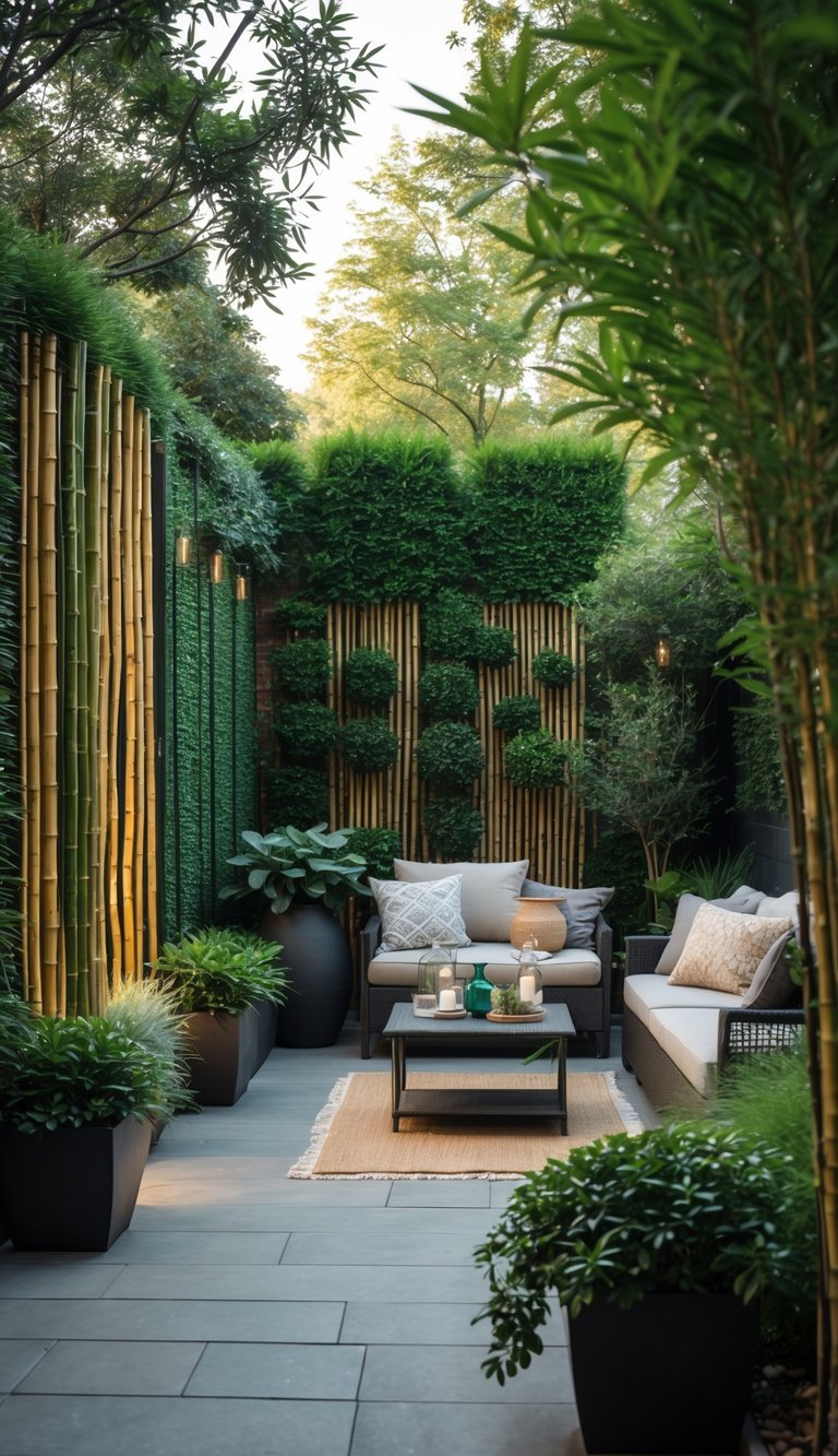 Outdoor patio with tall bamboo and boxwood planters creating green privacy walls around comfortable seating.