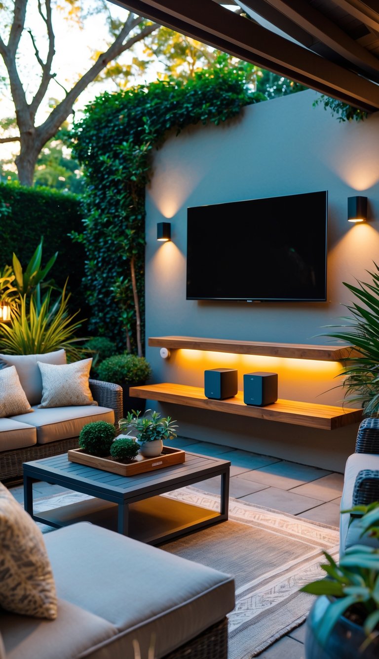 Outdoor patio with a weatherproof TV and Sonos One speakers surrounded by comfortable seating and plants.