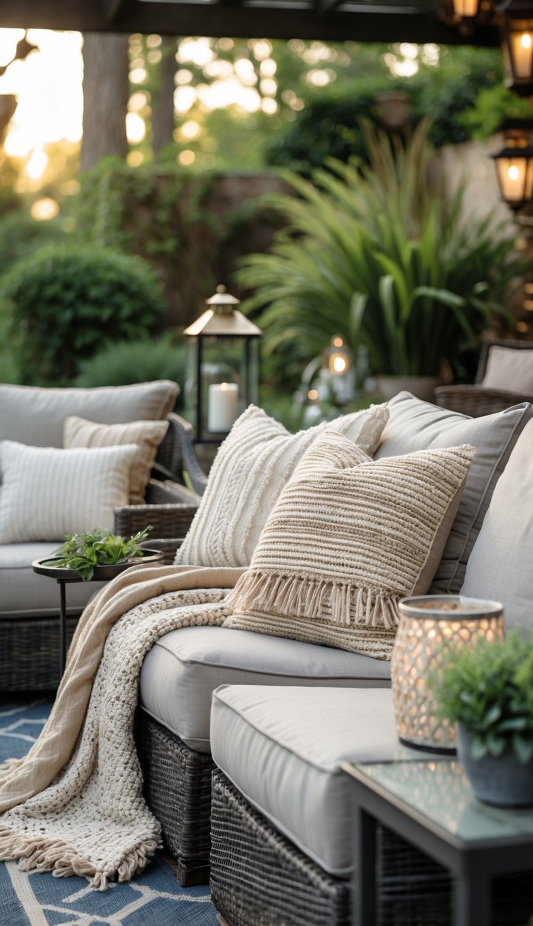 An outdoor patio seating area with layered throws and pillows in different textures on comfortable furniture surrounded by greenery.