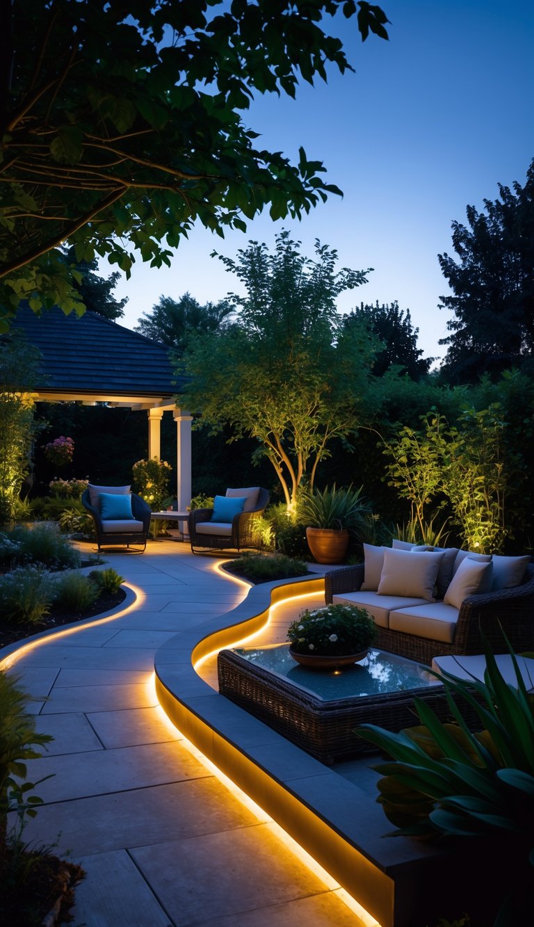 A cozy outdoor patio at dusk with warm landscape lighting along garden paths and seating edges, surrounded by plants and outdoor furniture.