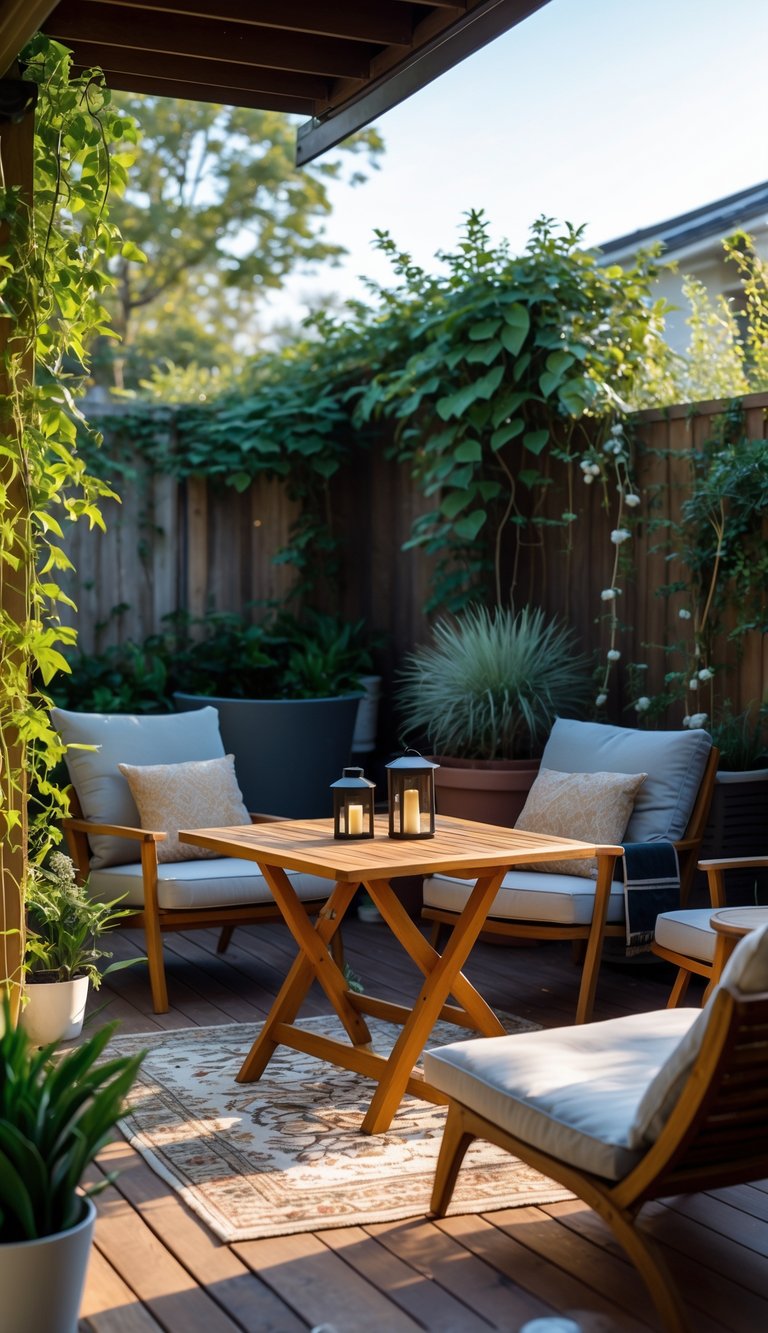 Outdoor patio with a teak bistro table and cushioned lounge chairs surrounded by plants and soft lighting.