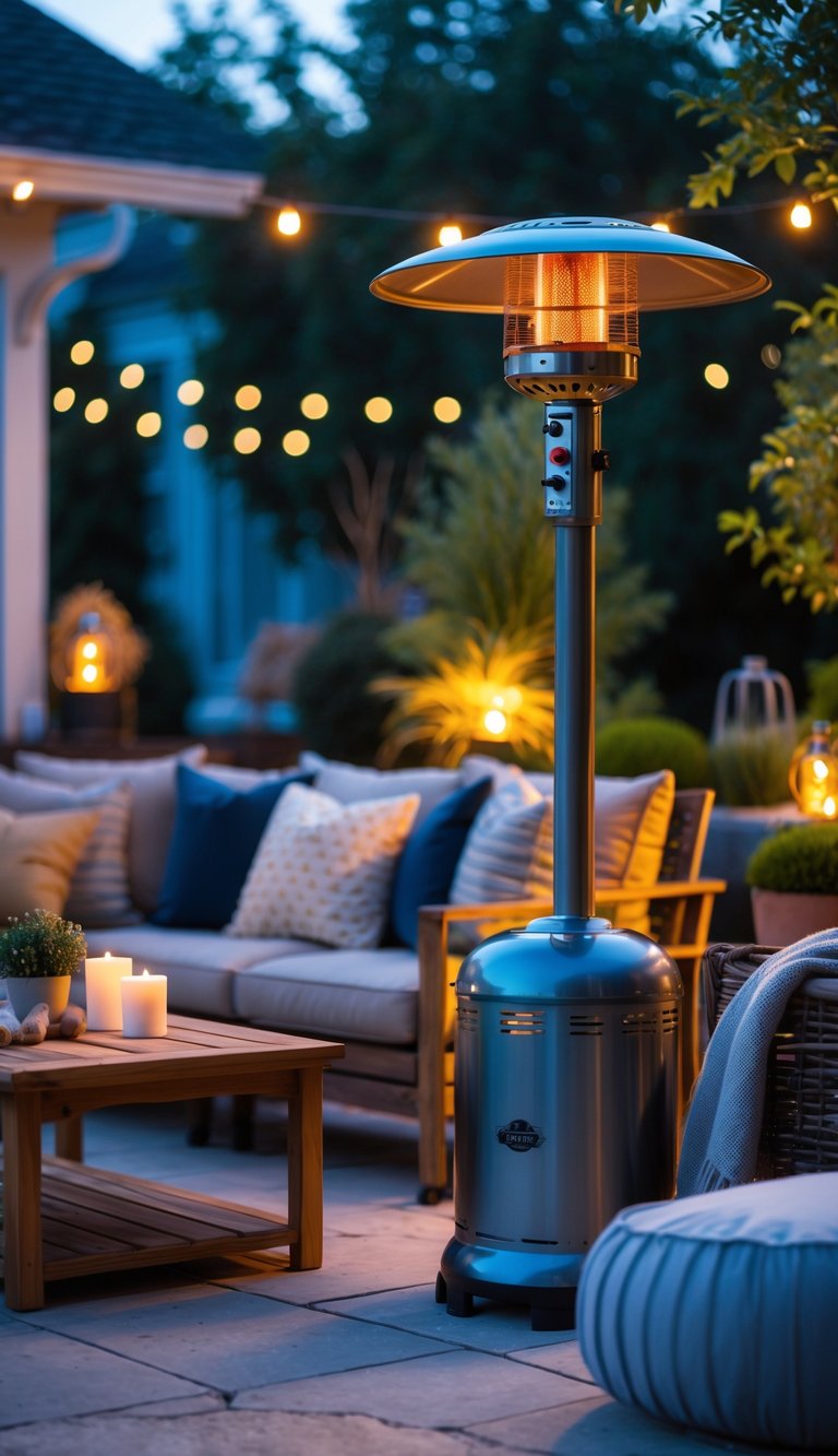 Outdoor patio with a propane heater next to comfortable seating and warm ambient lighting in the evening.
