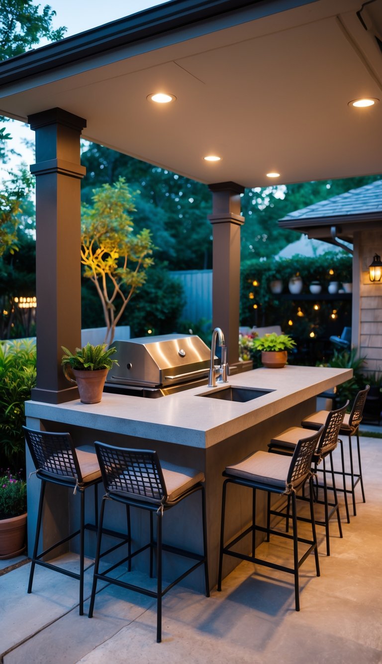 Outdoor kitchen counter with bar stools on a patio surrounded by plants and garden greenery.