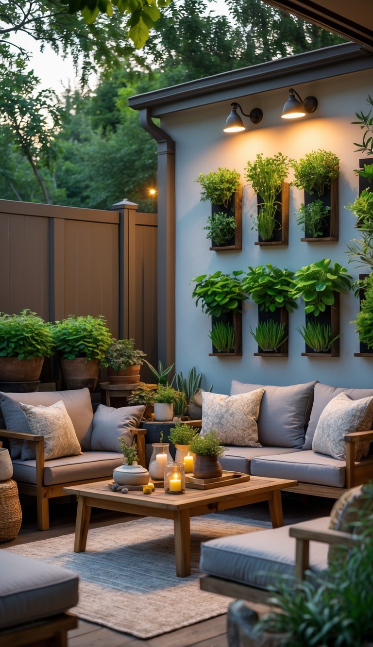 Cozy outdoor patio with vertical herb planters, comfortable seating, and decorative plants creating a living room-like atmosphere.