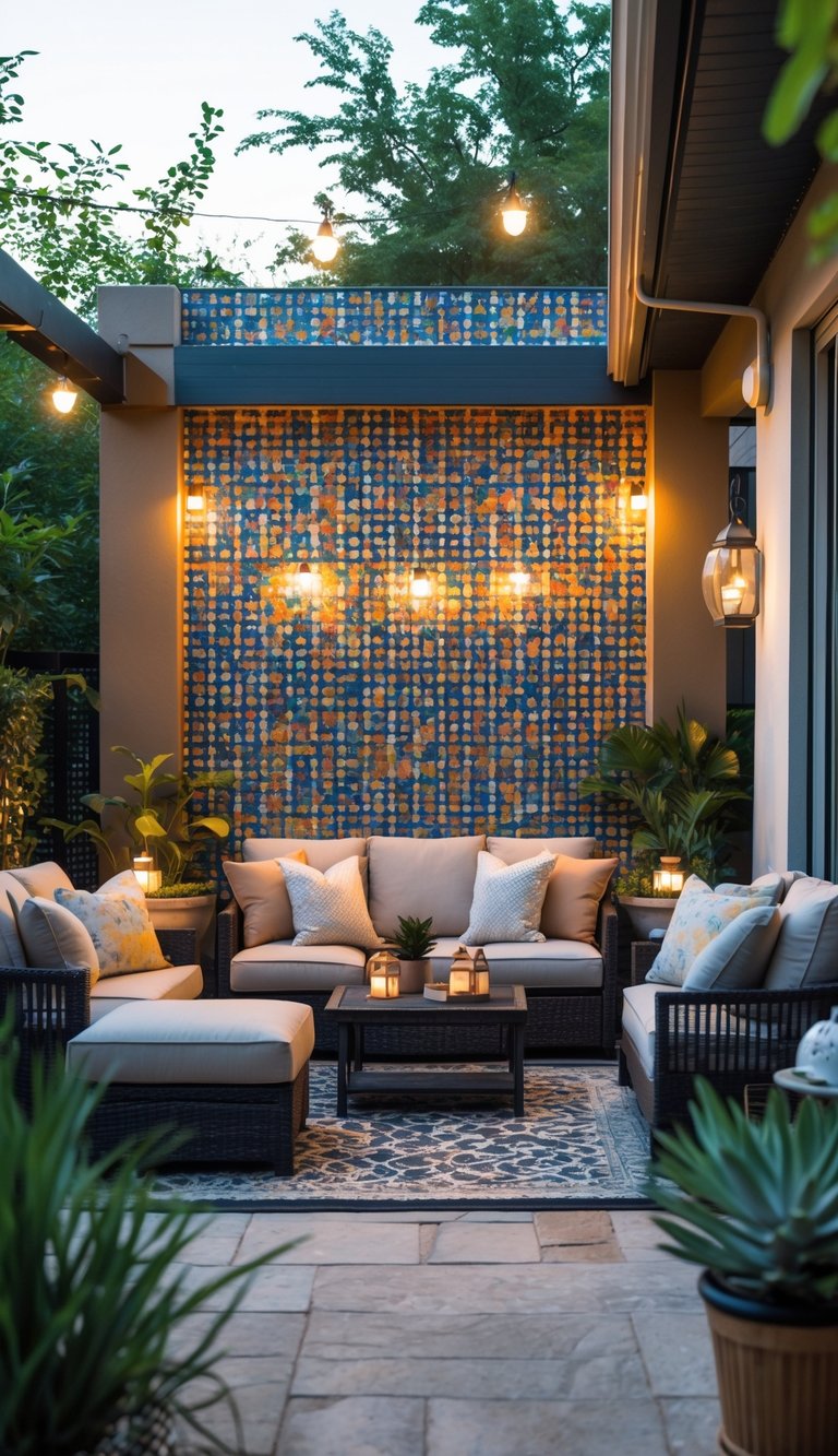 Outdoor patio with cushioned seating and a colorful tiled accent wall behind the main seating area surrounded by plants and soft lighting.