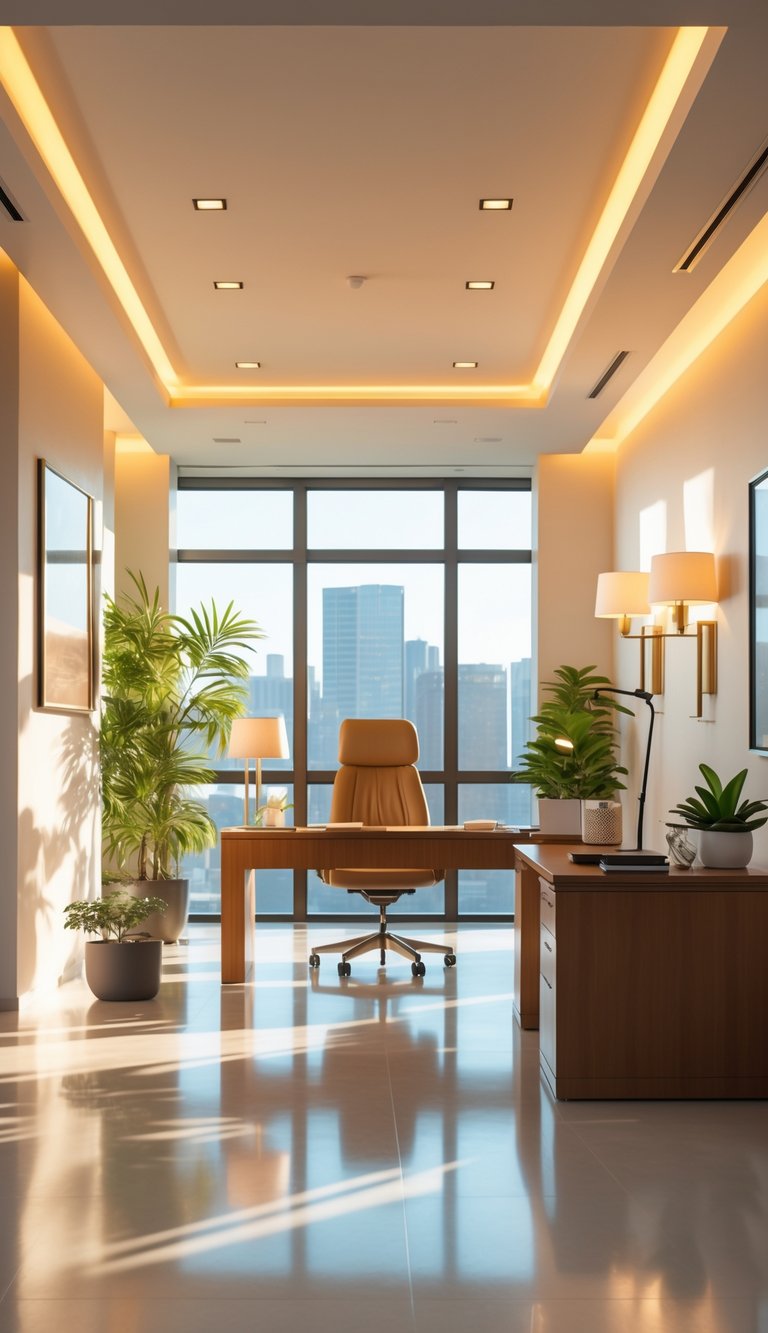 A bright, modern office room with large windows, wooden desk, ergonomic chair, bookshelves, plants, and various light sources creating a warm and well-lit workspace.