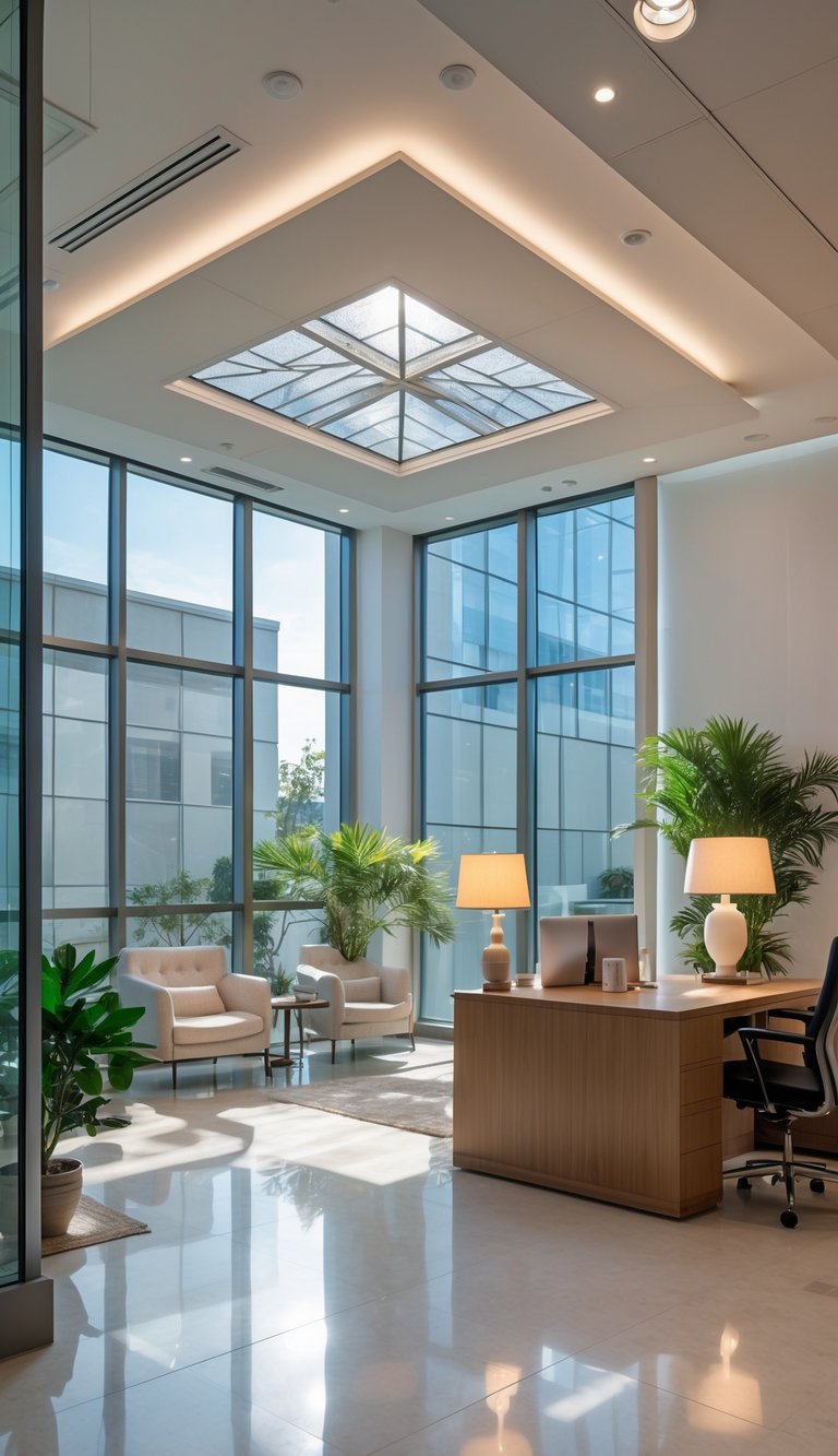 A bright modern office with large windows and a skylight, featuring layered lighting and comfortable furnishings.