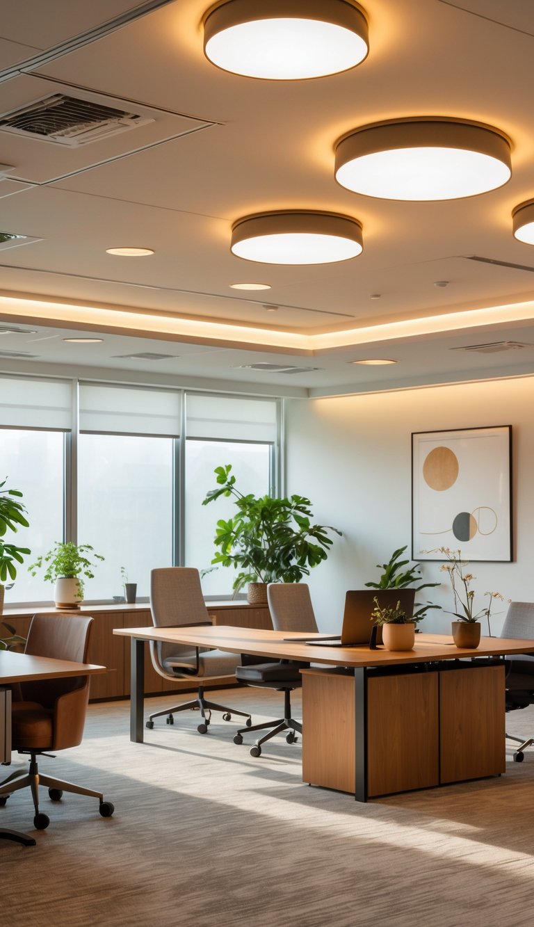 A modern office interior with warm dimmable recessed ceiling lights, wooden desks, chairs, plants, and large windows letting in natural light.