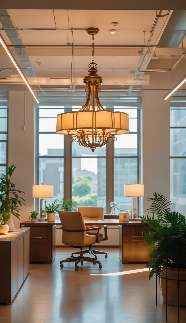 A well-lit office room with a brass chandelier with fabric shades hanging from the ceiling, a wooden desk, chairs, plants, and multiple light sources creating a warm and inviting atmosphere.