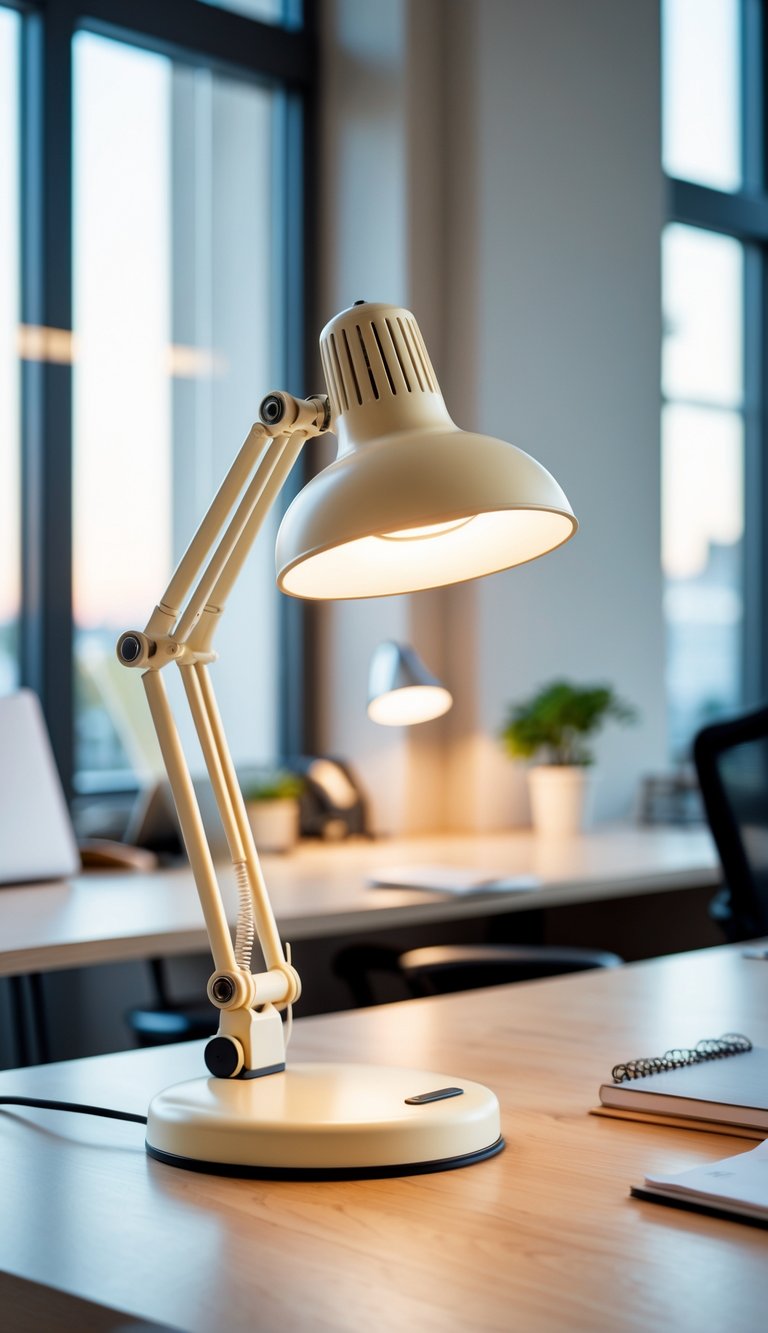 A cream-colored Anglepoise desk lamp on a wooden office desk illuminating a tidy workspace with layered lighting and minimal office decor.