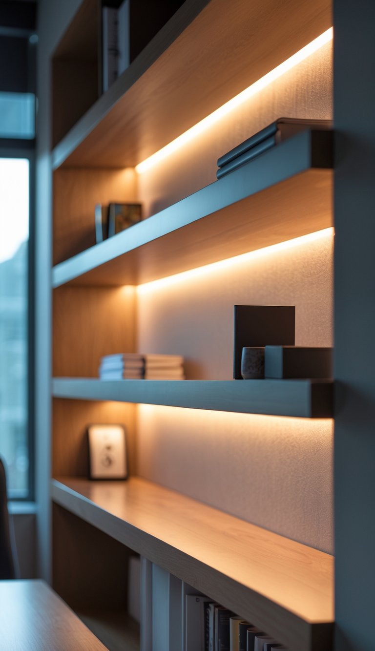 A modern interior with floating shelves softly illuminated by warm LED strip lighting underneath.