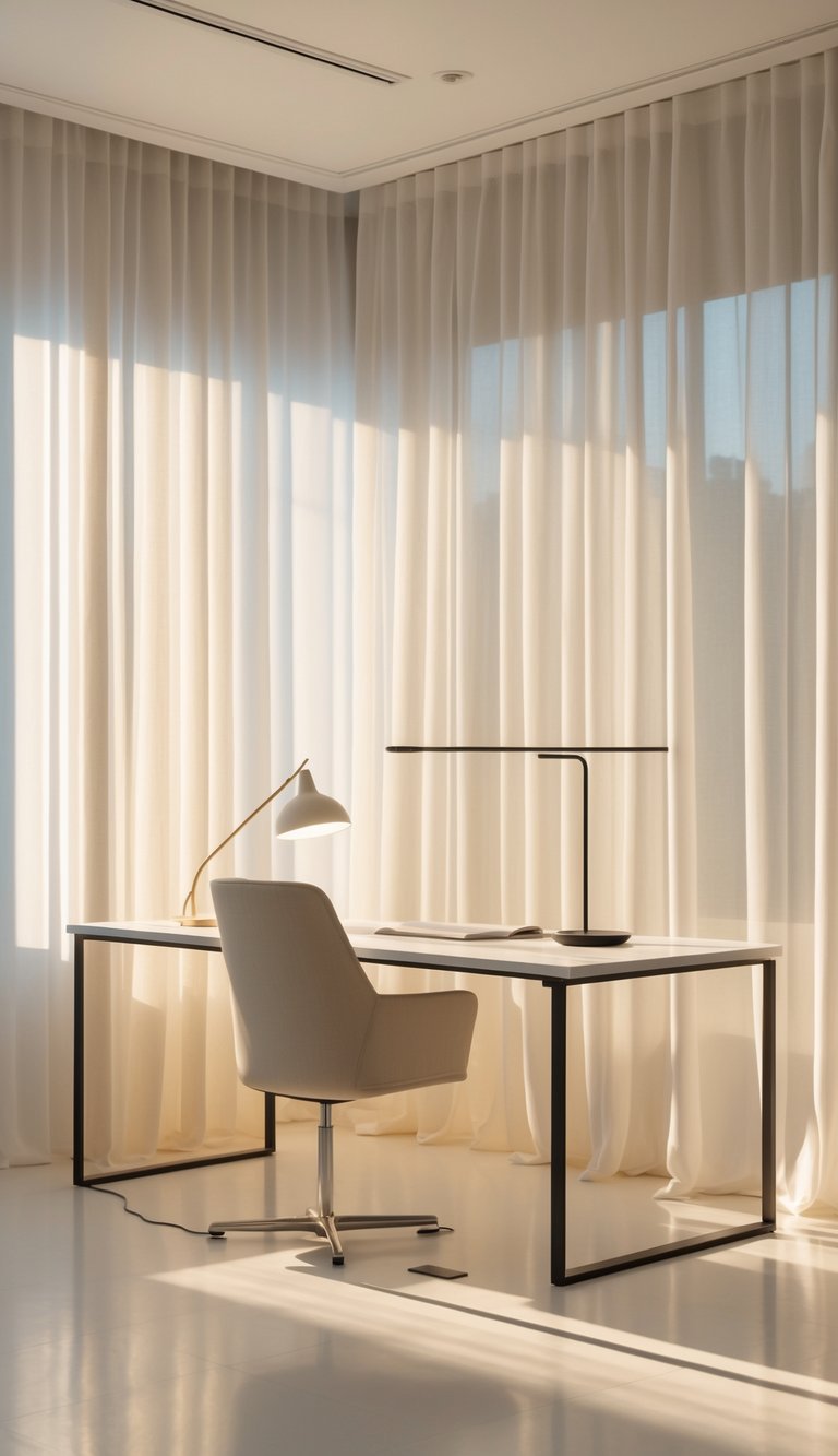 A bright office space with sheer ivory curtains allowing soft natural light to fill the room.