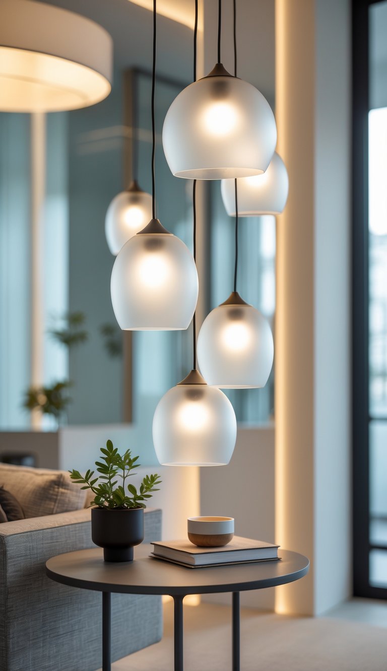 Side table illuminated by frosted glass pendant lights in a modern, softly lit room with minimal decor.