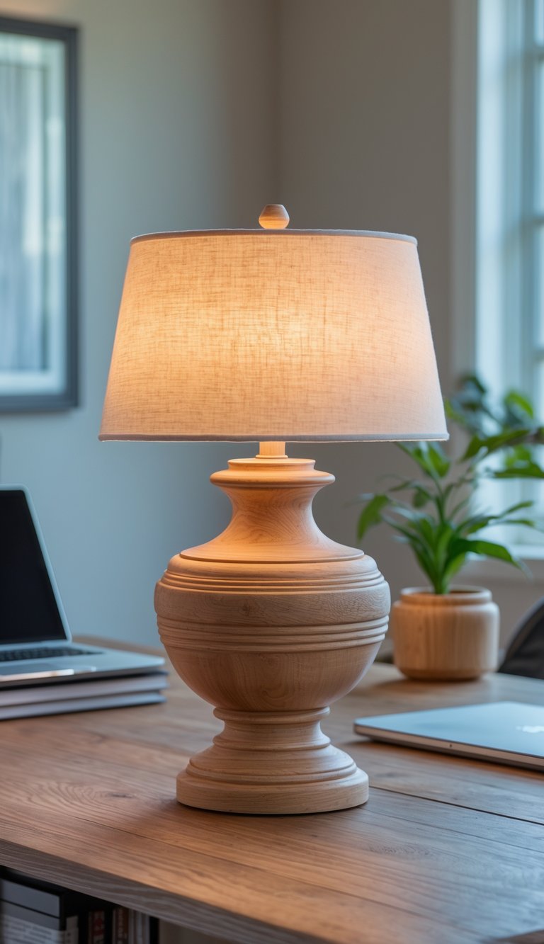 A table lamp on a wooden desk in a well-lit office with books, a laptop, and a small plant nearby.