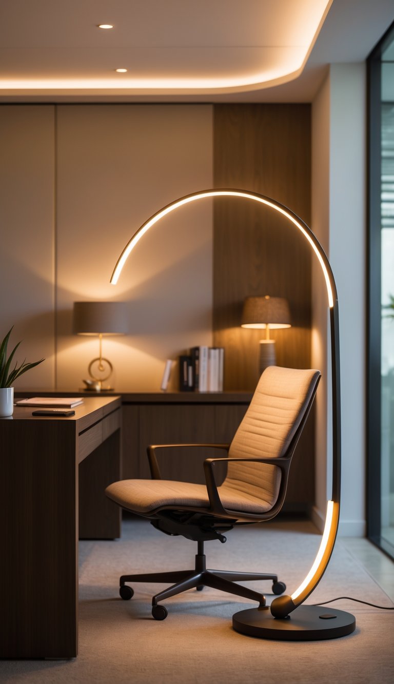 A modern office space with a curved arc floor lamp casting warm light over a wooden desk and chair.