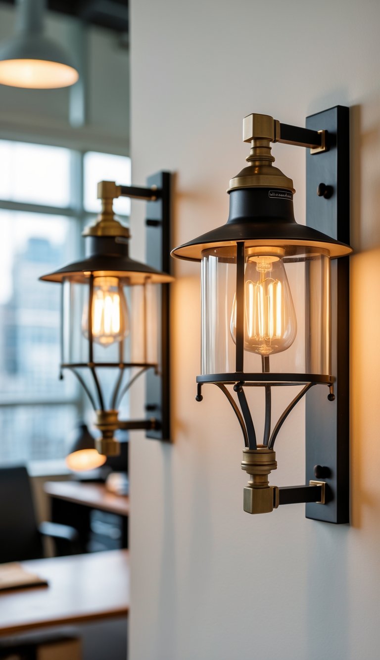 A pair of double-armed wall sconces mounted on a light-colored wall, softly lighting a stylish office space.