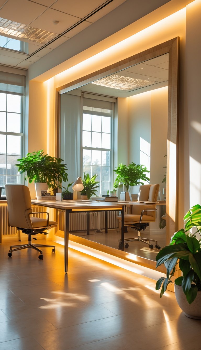 A bright office with a large mirror opposite a window reflecting sunlight, featuring a wooden desk, plants, and layered lighting.