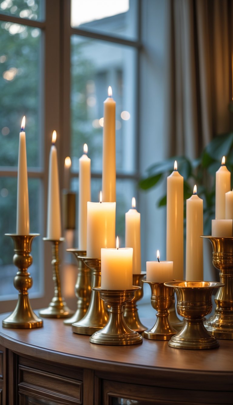 A wooden surface with lit candles in tapered brass candleholders arranged in a cozy indoor setting.