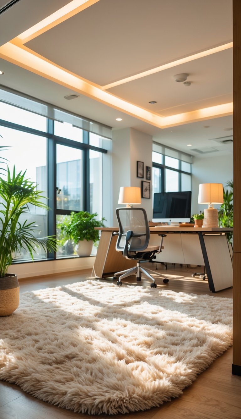A modern office with a soft area rug, layered lighting, a wooden desk, chair, and plants creating a warm and inviting workspace.