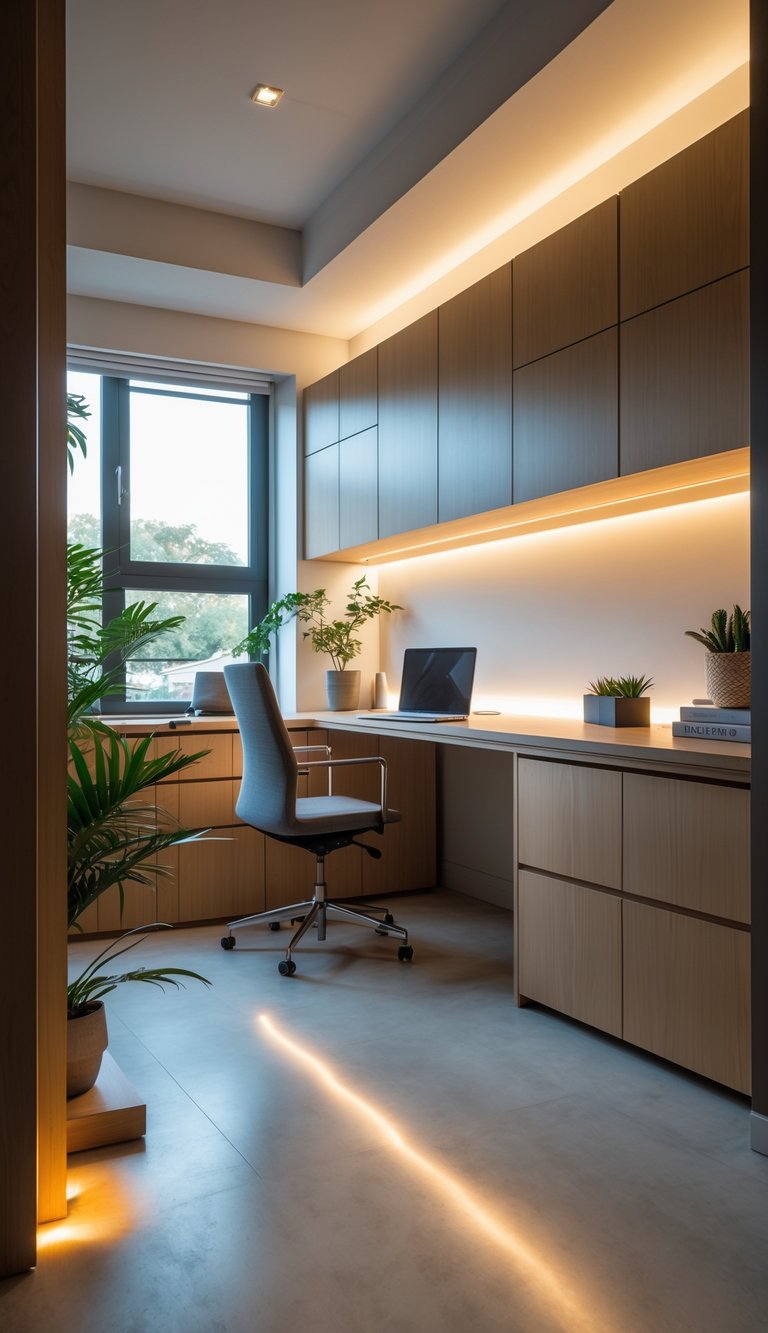 A modern home office with wooden cabinets illuminated by small uplights creating soft glowing halos on the wall behind them.