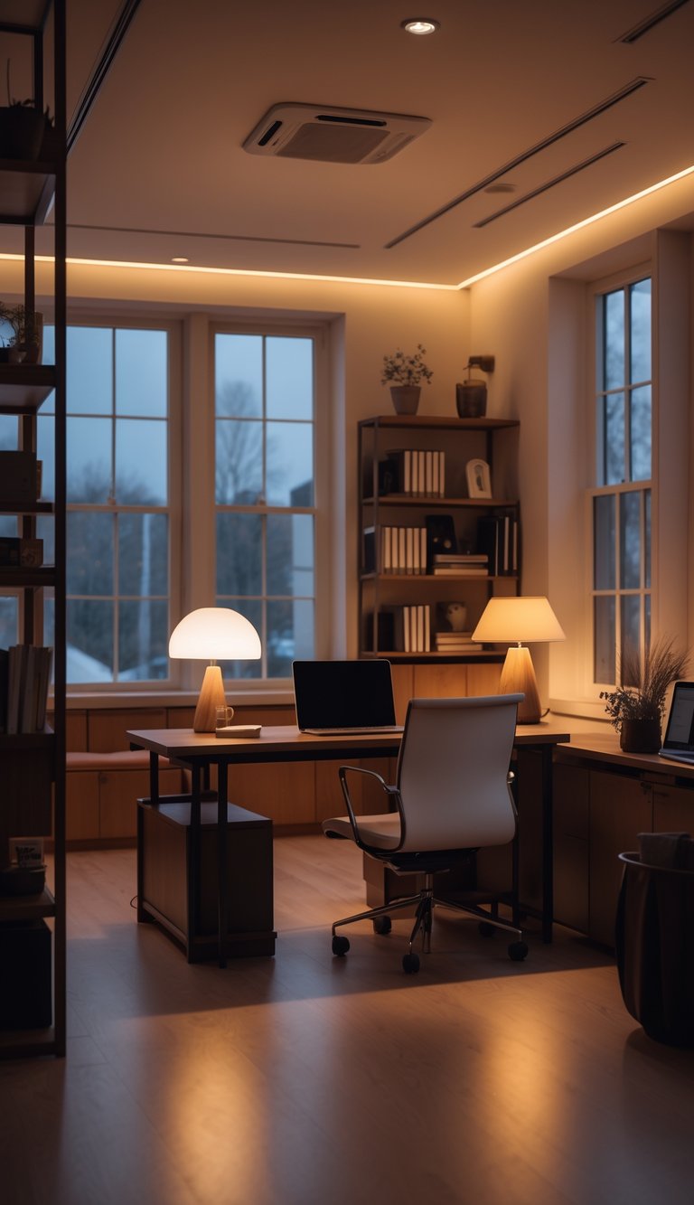 A cozy office space with warm lighting from multiple lamps and ceiling lights, featuring a desk, bookshelves, and large windows.