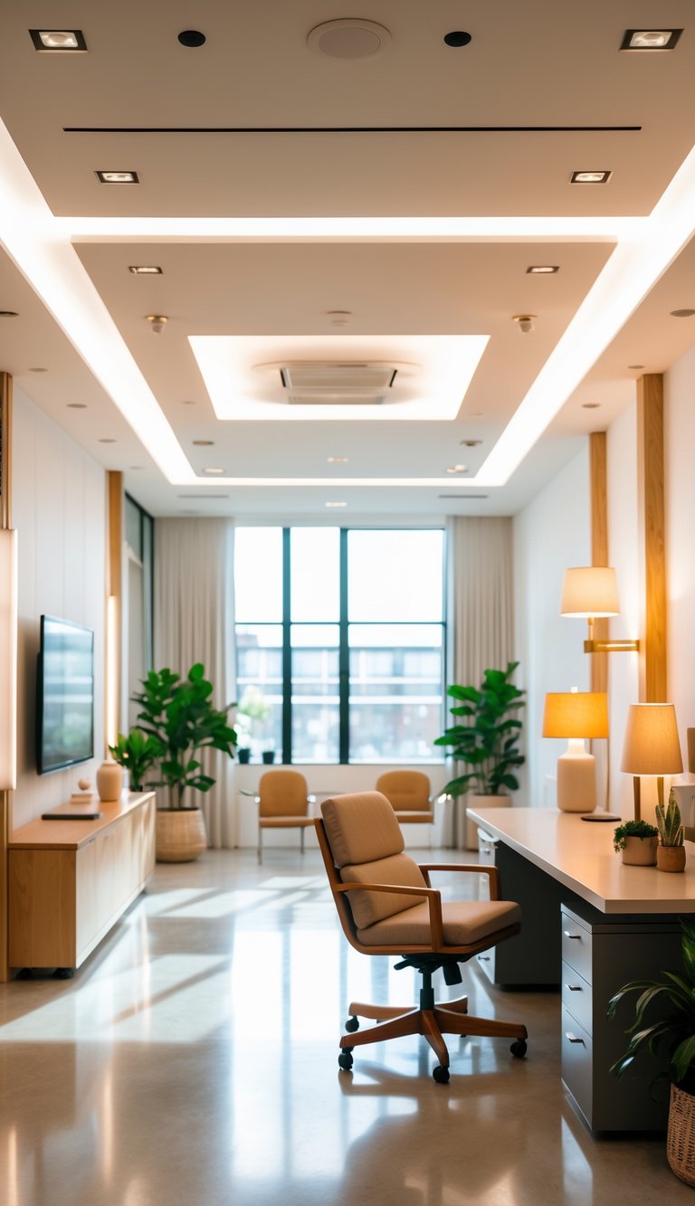 A modern office room with multiple adjustable light sources and dimmer switches on the walls, featuring a desk, chair, and large windows letting in natural light.