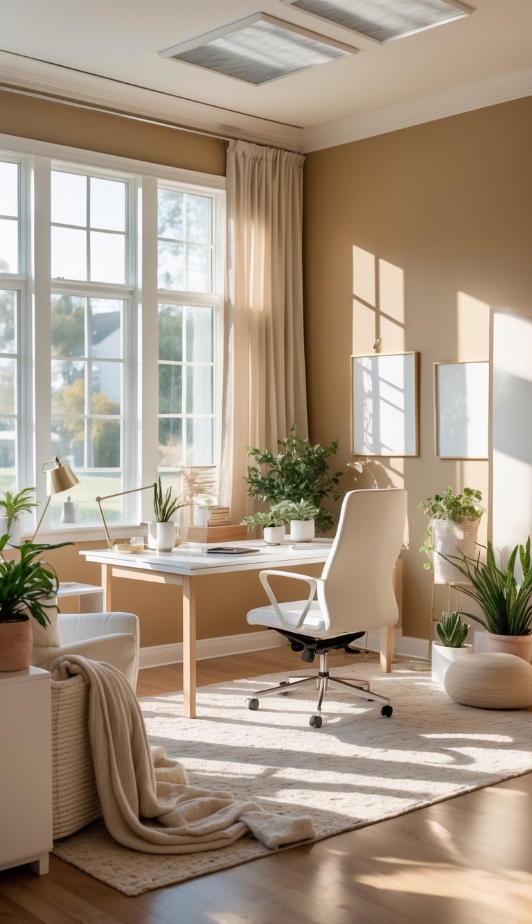 Bright office space with warm off-white walls, natural light coming through large windows, a desk with chair, plants, and layered textures creating a cozy atmosphere.