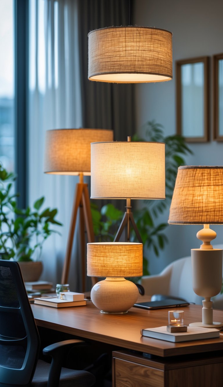 An office space with several lamps featuring linen and burlap lampshades softly lighting the room.