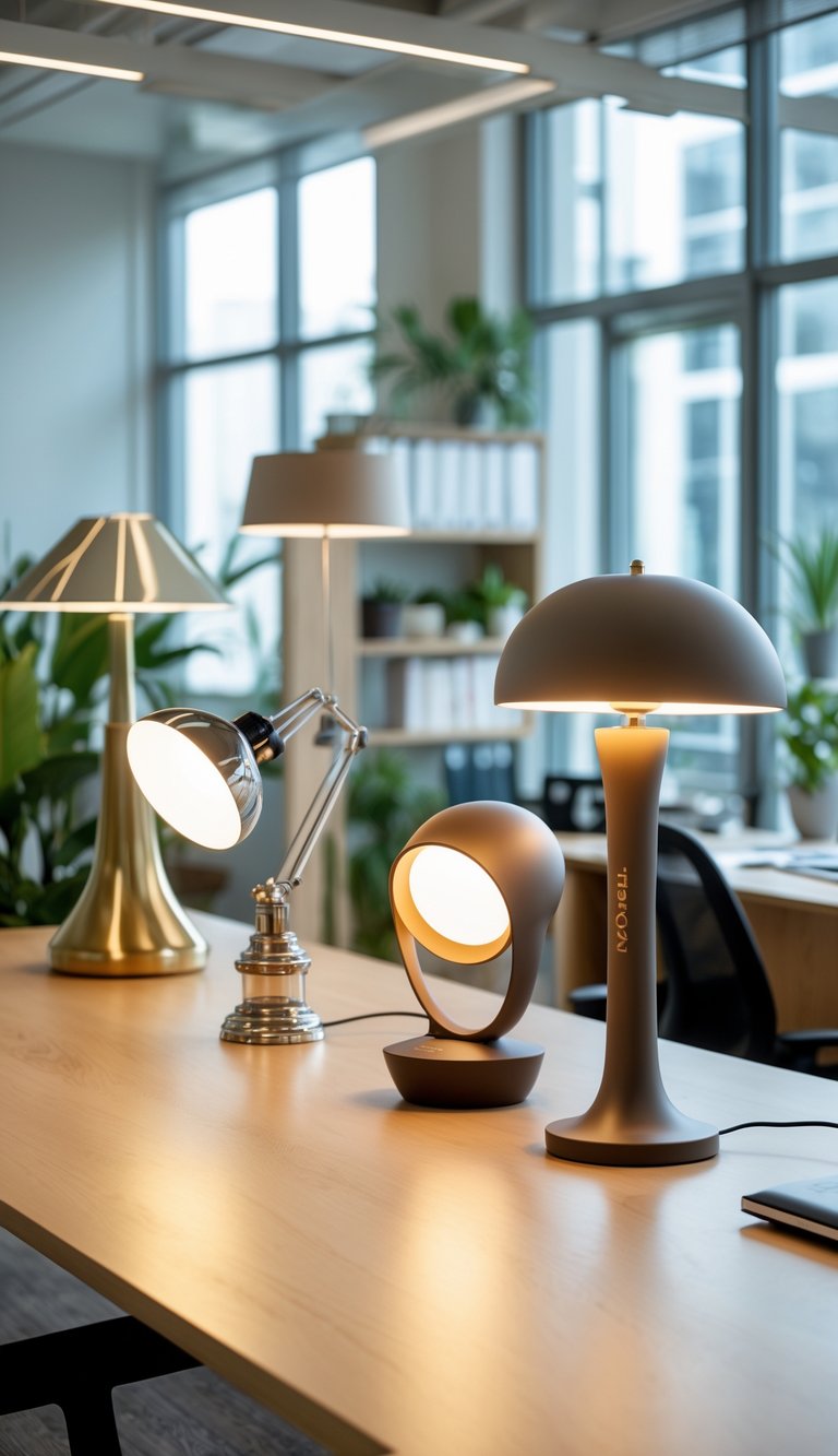 A modern office desk with multiple stylish lamps emitting warm light, surrounded by bookshelves, plants, and a large window.
