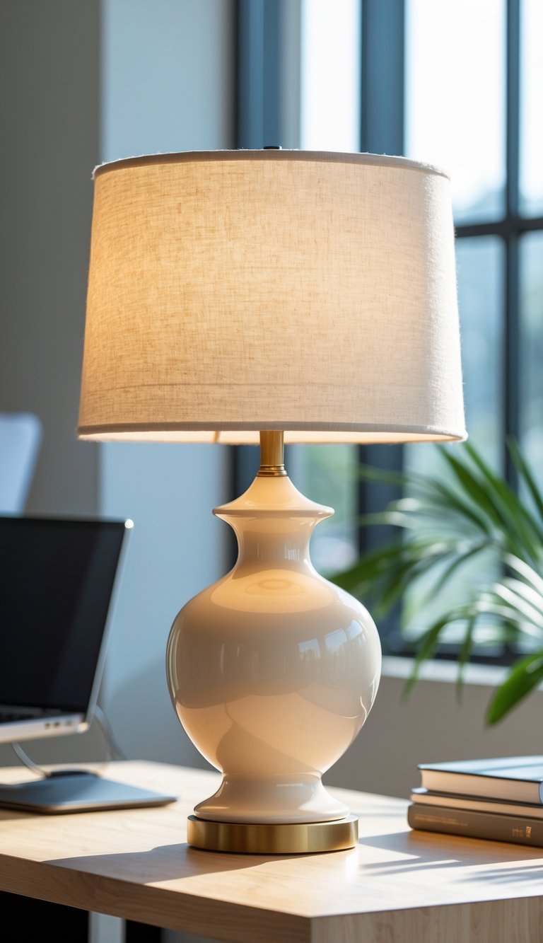 A cream ceramic table lamp with a linen shade on a wooden desk in a bright office with a laptop, books, and a plant nearby.