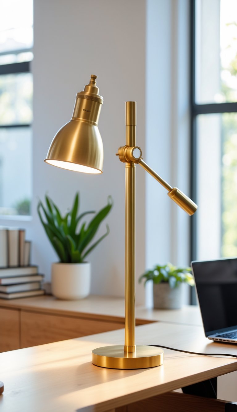 A brass desk lamp with an adjustable arm on a wooden desk in a bright office with books, a plant, and a laptop.