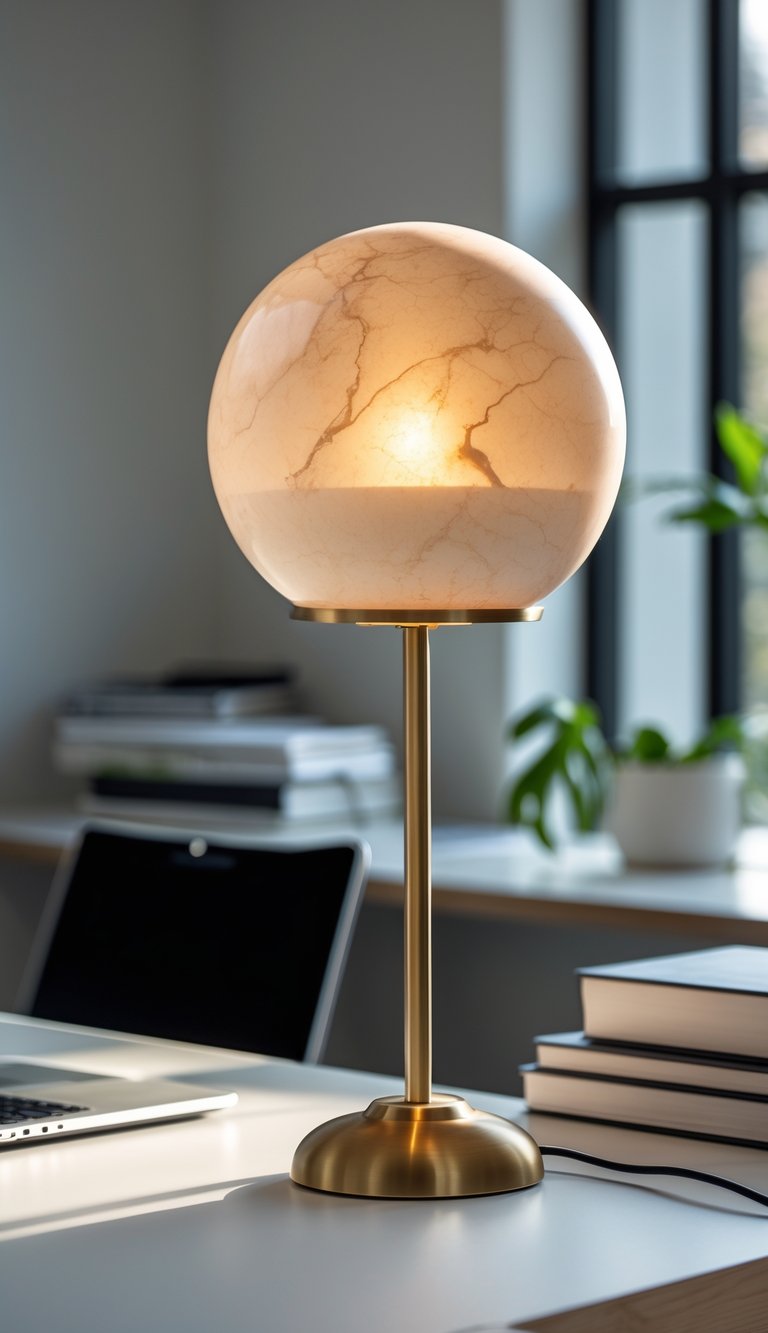 A table lamp with an alabaster globe shade on a brass stem sitting on an office desk with books, a laptop, and a small plant.