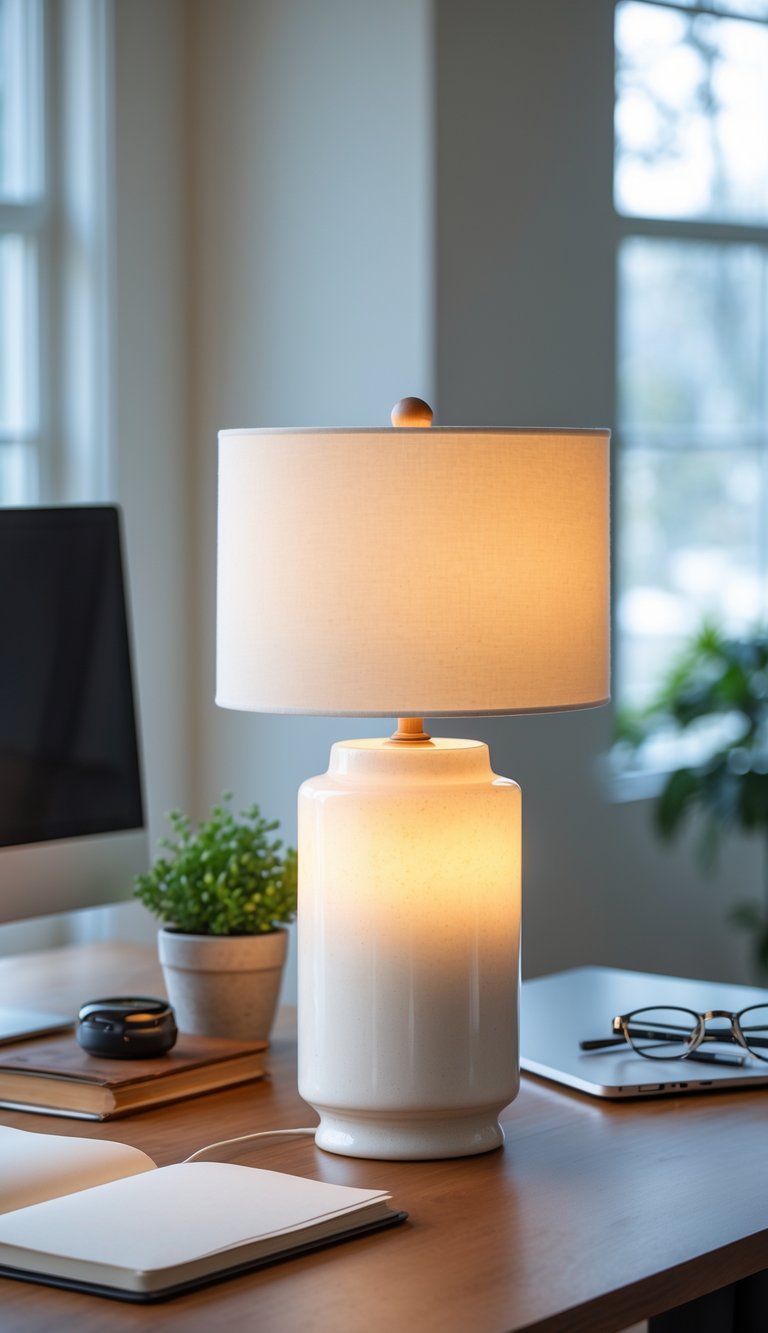 A ceramic table lamp with a soft white glaze glowing on an office desk surrounded by a laptop, notebook, plant, and glasses.