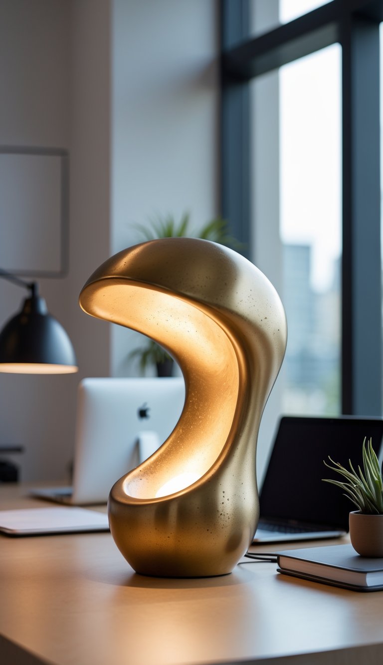 A brass table lamp glowing warmly on an office desk with a laptop, notebook, and plant in the background.
