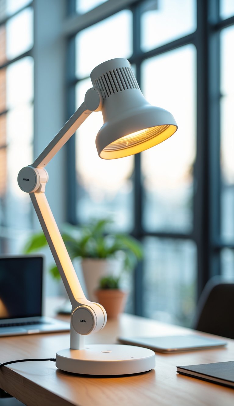 A white adjustable work lamp on a wooden desk in a bright office with a laptop and plant in the background.