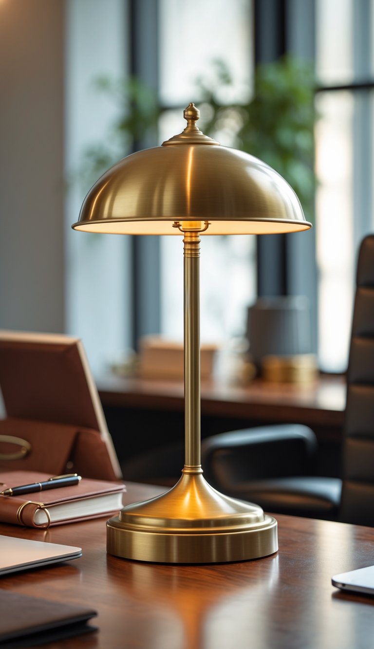 A desk lamp with an antique brass finish and dome shade glowing softly on a wooden desk surrounded by office items.